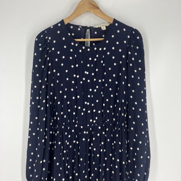 Boden Mini Dress Size 8 Women Navy Pleated Peplum Long Sleeve Polka Dot Print - Picture 2 of 8